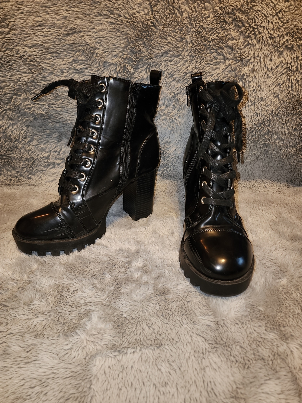Black Lace-Up Chunky Heel Ankle Boots - Women
